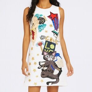 White Brocade Graphic Cat Design Dress